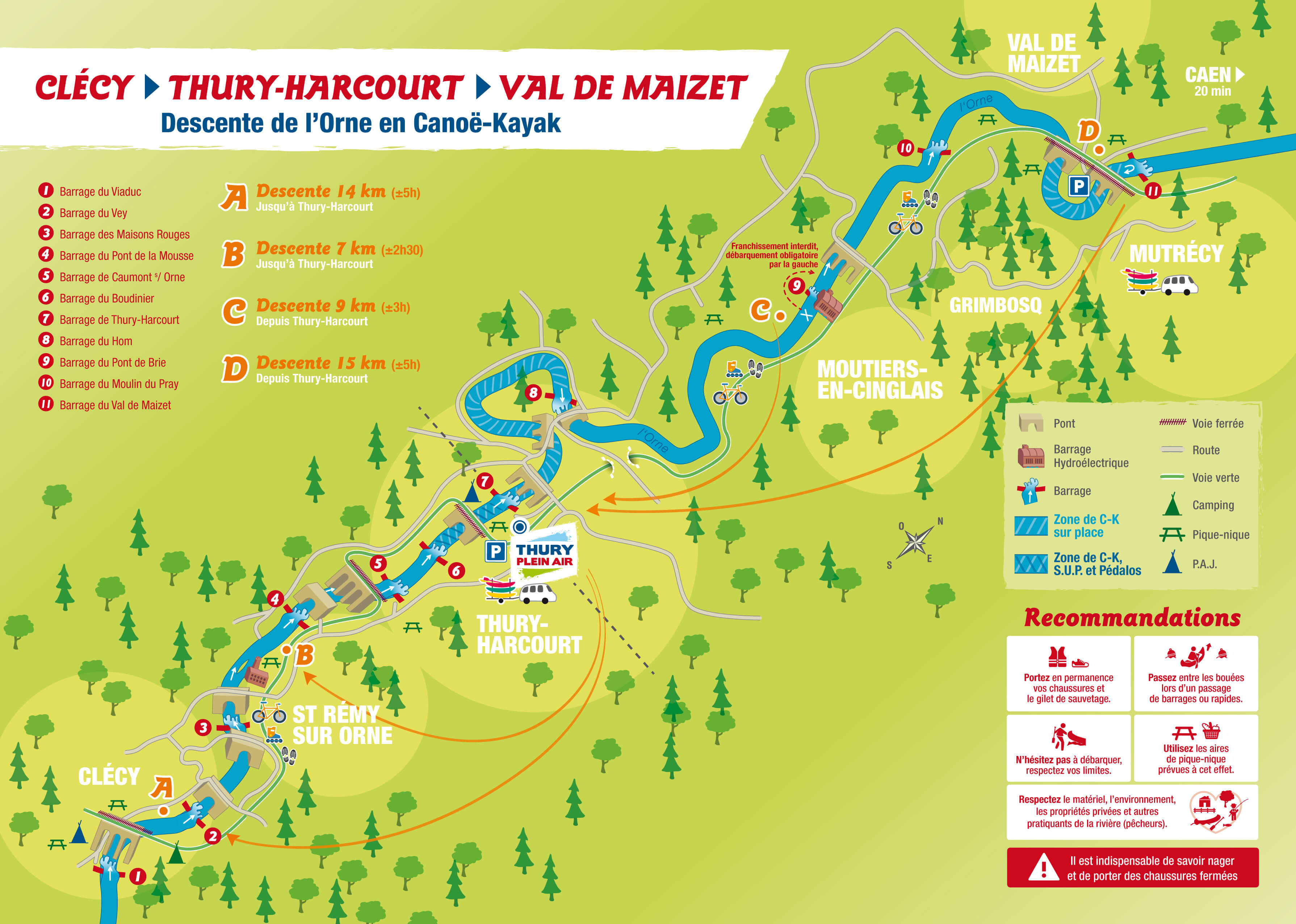 Plan descente canoë kayak Clécy Thury Harcourt Val de Maizet